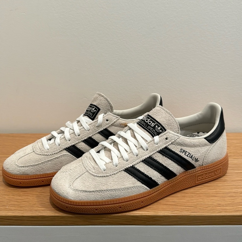 Adidas Handball Spezial, women’s size 7.5, off-white black gum, unworn with box